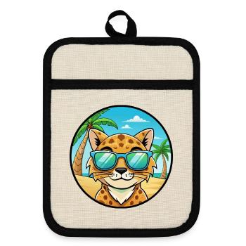 Australian Spotted Mist Cat Breed Cartoon Beach - Pot holders with rubber back - linen/black  - Front