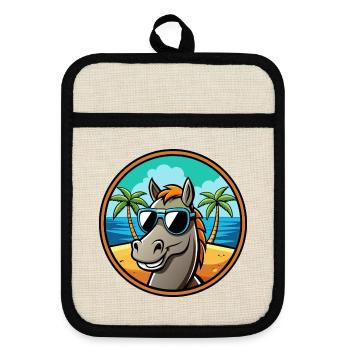 Pferd Lustig Cartoon Sommer Strand Sonnenbrille Cool - Topflappen mit Gummirückseite - Leinen/Schwarz  - Vorne