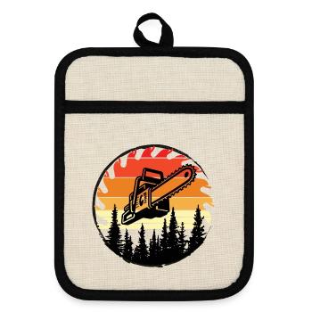 Retro Forest Chainsaw Sunset - Pot holders with rubber back - linen/black  - Front