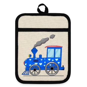 Kinderzug Eisenbahn blau mit Herzen - Topflappen mit Gummirückseite - Leinen/Schwarz  - Vorne
