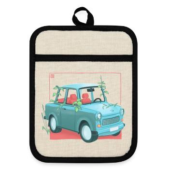 Trabi mit Pflanzen - Topflappen mit Gummirückseite - Leinen/Schwarz  - Vorne