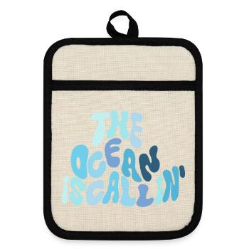 Der Ozean ruft – Wellen-Typografie in Blau - Topflappen mit Gummirückseite - Leinen/Schwarz  - Vorne