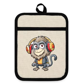Pavian Lustige Cartoon Figur Kopfhörer Musik - Topflappen mit Gummirückseite - Leinen/Schwarz  - Vorne