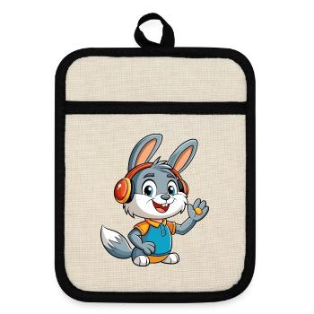 Kaninchen Lustige Cartoon Figur Kopfhörer Musik - Topflappen mit Gummirückseite - Leinen/Schwarz  - Vorne