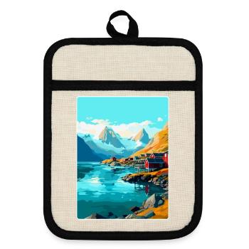 Affiche de voyage vintage des îles Lofoten en Norvège WPA - Maniques avec dos en caoutchouc - lin/noir  - Devant
