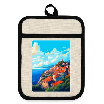 Eze Frankreich Vintage Reiseplakat Souvenir Souvenir - Topflappen mit Gummirückseite - Leinen/Schwarz  - Vorne