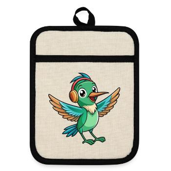 Kolibri Lustige Cartoon Tier Kopfhörer Musik - Topflappen mit Gummirückseite - Leinen/Schwarz  - Vorne