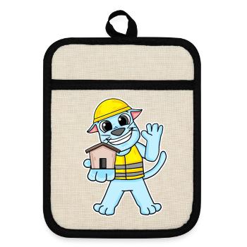 Builder cat topping house building gift - Pot holders with rubber back - linen/black  - Front