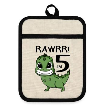 5th Birthday Dinosaur - 5th Grade Gift - Pot holders with rubber back - linen/black  - Front