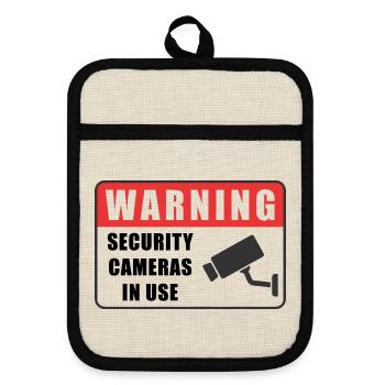 Warning CCTV Camera Badge Security Sign Icon - Pot holders with rubber back - linen/black  - Front