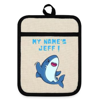 Mein Name ist Jeff, der süße Landhai - Topflappen mit Gummirückseite - Leinen/Schwarz  - Vorne