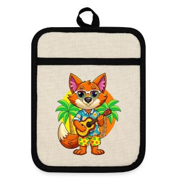 Lustige Fuchs Cartoon Sommer Strand Sonnenbrille Gitarre - Topflappen mit Gummirückseite - Leinen/Schwarz  - Vorne