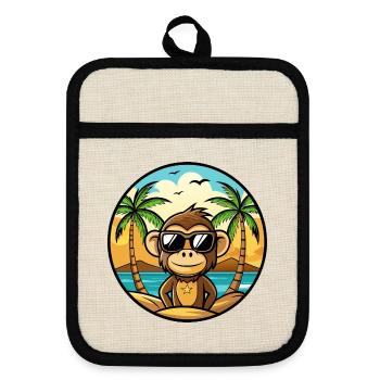 Affe Lustige Cartoon Sommer Strand Sonnenbrille Cool - Topflappen mit Gummirückseite - Leinen/Schwarz  - Vorne
