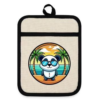 Panda Lustige Cartoon Sommer Strand Sonnenbrille Cool - Topflappen mit Gummirückseite - Leinen/Schwarz  - Vorne