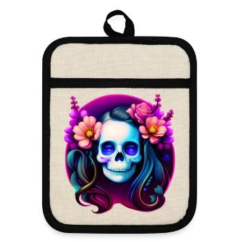 Dame du Crâne Mystique aux Fleurs – Néon Gothique - Maniques avec dos en caoutchouc - lin/noir  - Devant