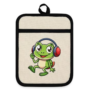 Frosch Lustige Zeichentrickfigur Kopfhörer Musik - Topflappen mit Gummirückseite - Leinen/Schwarz  - Vorne