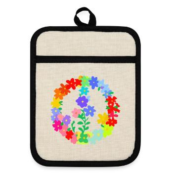 Hippi Flower Wreath Peace and Love - Pot holders with rubber back - linen/black  - Front