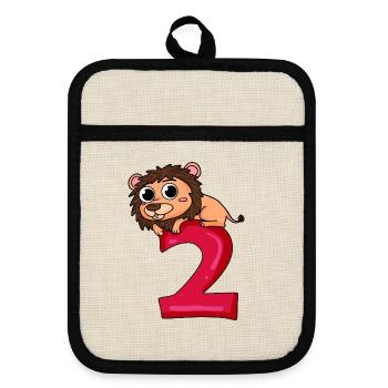 2nd birthday Leo - 2 year old gift - Pot holders with rubber back - linen/black  - Front