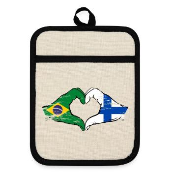 Brazil Finland Flag Hands Heart Shape Used - Pot holders with rubber back - linen/black  - Front