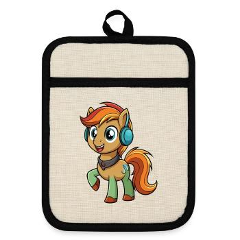 Pony Lustige Zeichentrickfigur Kopfhörer Musik - Topflappen mit Gummirückseite - Leinen/Schwarz  - Vorne