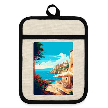 Rhodes Greece Vintage Travel Poster WPA Souvenir - Pot holders with rubber back - linen/black  - Front