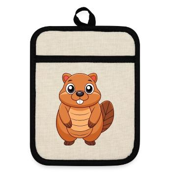 Biber Niedliche Maskottchen Zeichentrickfigur Kawaii - Topflappen mit Gummirückseite - Leinen/Schwarz  - Vorne