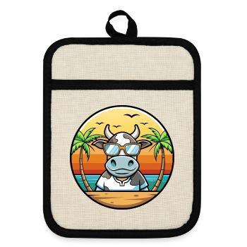 Cow Funny Cartoon Summer Beach Sunglasses Sticker - Pot holders with rubber back - linen/black  - Front