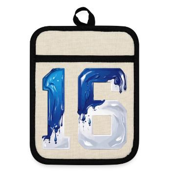NO. 16 NUMBER 16 BLUE WHITE 16TH BIRTHDAY - Pot holders with rubber back - linen/black  - Front