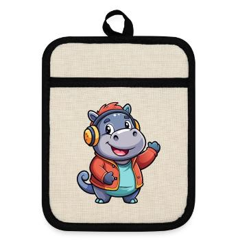 Hippo Funny Cartoon Character Musique de casque - Maniques avec dos en caoutchouc - lin/noir  - Devant