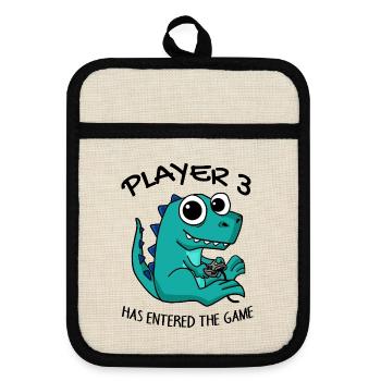 Drittes Kind Spieler 3 Schwanger Baby Dinosaurier - Topflappen mit Gummirückseite - Leinen/Schwarz  - Vorne