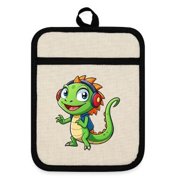 Lézard Drôle Dessin Animé Personnage Casque Musique - Maniques avec dos en caoutchouc - lin/noir  - Devant