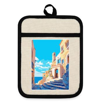 Rhodes Greece Vintage Travel Poster WPA Souvenir - Pot holders with rubber back - linen/black  - Front