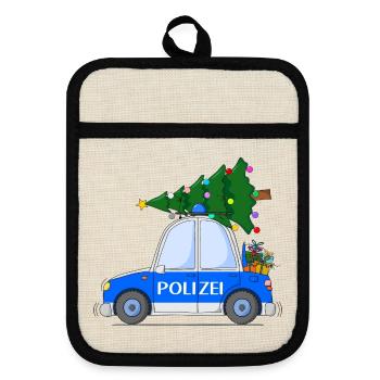Polizeiauto Weihnachten - Topflappen mit Gummirückseite - Leinen/Schwarz  - Vorne