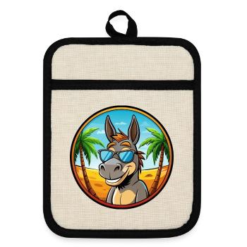 Esel Lustige Cartoon Sommer Strand Sonnenbrille Cool - Topflappen mit Gummirückseite - Leinen/Schwarz  - Vorne