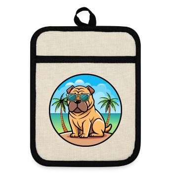 Chinesischer Shar Pei Hund Rasse Cartoon Sonnenbrille Strand - Topflappen mit Gummirückseite - Leinen/Schwarz  - Vorne