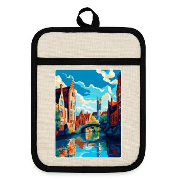 Bruges Belgique Affiche de voyage vintage Souvenir WPA - Maniques avec dos en caoutchouc - lin/noir  - Devant