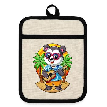 Lustige Panda Cartoon Sommer Strand Sonnenbrille Gitarre - Topflappen mit Gummirückseite - Leinen/Schwarz  - Vorne