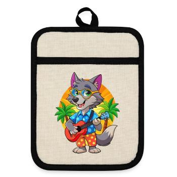 Lustige Wolf Cartoon Sommer Strand Sonnenbrille Gitarre - Topflappen mit Gummirückseite - Leinen/Schwarz  - Vorne