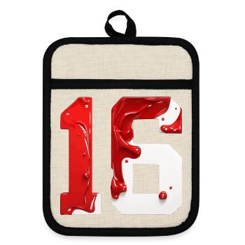 NR. 16 NUMMER 16 ROT WEIß 16. GEBURTSTAG - Topflappen mit Gummirückseite - Leinen/Schwarz  - Vorne