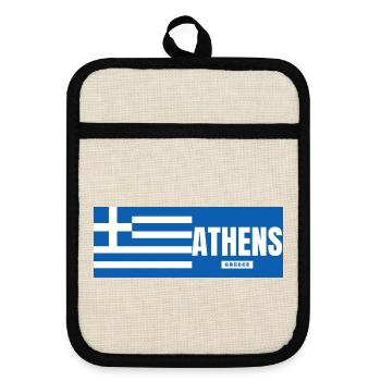 Ville d’Athènes avec drapeau grec - Maniques avec dos en caoutchouc - lin/noir  - Devant