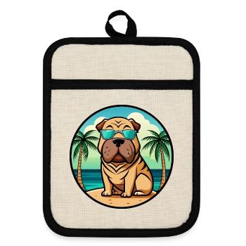 Chinesischer Shar Pei Hund Rasse Cartoon Sonnenbrille Strand - Topflappen mit Gummirückseite - Leinen/Schwarz  - Vorne