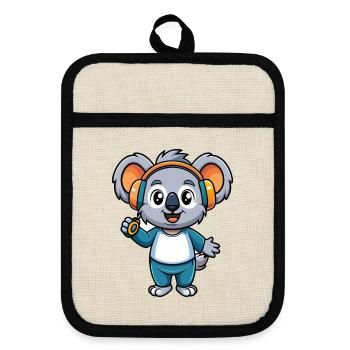 Koala Lustige Cartoon Figur Kopfhörer Musik - Topflappen mit Gummirückseite - Leinen/Schwarz  - Vorne