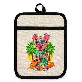 Lustige Schwein Cartoon Sommer Strand Sonnenbrille Gitarre - Topflappen mit Gummirückseite - Leinen/Schwarz  - Vorne