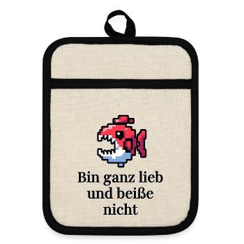 Lustiges - bin ganz lieb und beiße nicht Design - Topflappen mit Gummirückseite - Leinen/Schwarz  - Vorne