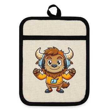 Bison Lustige Zeichentrickfigur Kopfhörer Musik - Topflappen mit Gummirückseite - Leinen/Schwarz  - Vorne
