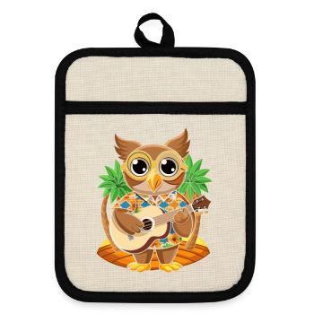 Lustige Eule Cartoon Sommer Strand Sonnenbrille Gitarre - Topflappen mit Gummirückseite - Leinen/Schwarz  - Vorne