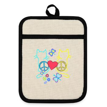 Retro Hippie Cats Peace Cat Vintage Hippies - Pot holders with rubber back - linen/black  - Front