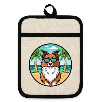 Sheltie Hunderasse Cartoon Sonnenbrille Strand - Topflappen mit Gummirückseite - Leinen/Schwarz  - Vorne