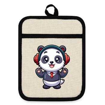 Panda Drôle Dessin Animé Personnage Casque Musique - Maniques avec dos en caoutchouc - lin/noir  - Devant