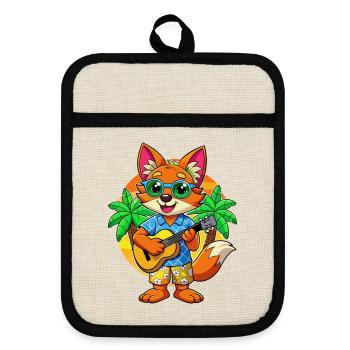 Lustige Fuchs Cartoon Sommer Strand Sonnenbrille Gitarre - Topflappen mit Gummirückseite - Leinen/Schwarz  - Vorne